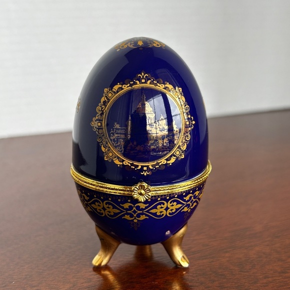 Russion AKM Porcelain Cobalt Blue Gold Egg Shaped Trinket Box Saint Petersburg - Picture 2 of 13